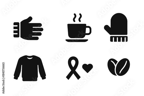Hot Cocoa Icons. Hot cocoa fashion. Filled icon set of hot cocoa fashion: gloved hand, coffee cup, steaming