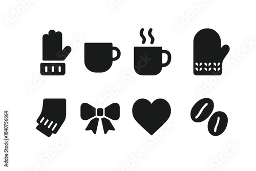 Cozy Winter Coffee Icons. Cozy winter coffee. Filled icon set of cozy winter coffee: hand with glove, coffee