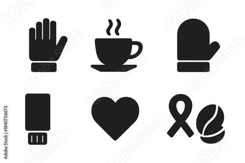 Cozy Beverage Icons. Hot drink fashion. Filled icon set of hot drink fashion: hand with glove, coffee cup,