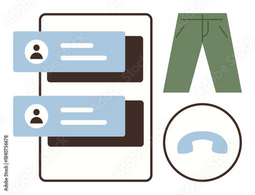 Messaging chat bubbles over a smartphone, green trousers, phone receiver shape. Ideal for communication, fashion, technology, retail, e-commerce connection or interface themes. Simple flat metaphor