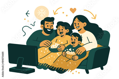 Cozy Winter Family. Winter family night. Children and parents cuddled on the sofa under warm blankets, popcorn