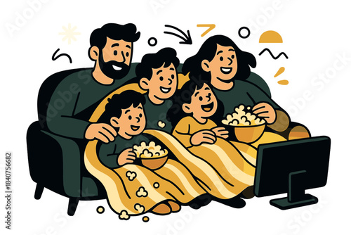 Cozy Winter Family. Winter family night. Children and parents cuddled on the sofa under warm blankets, popcorn