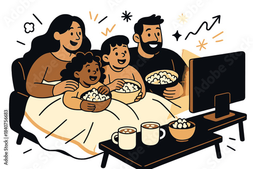 Cozy Family Movie Night. Popcorn and blankets. Children snuggled next to parents, bowls of popcorn and hot