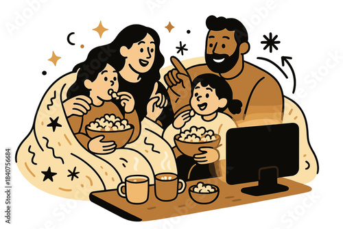 Cozy Family Movie Night. Popcorn and blankets. Children snuggled next to parents, bowls of popcorn and hot