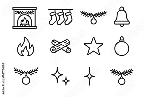 Christmas Icon Collection. Christmas Fireplace Scene. Line outline icon set of Christmas Fireplace Scene: