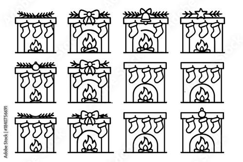 Festive Fireplace Icons. Holiday Stockings on Fireplace. Line outline icon set of Holiday Stockings on