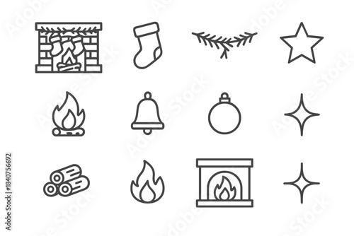 Christmas Icon Collection. Christmas Fireplace Scene. Line outline icon set of Christmas Fireplace Scene: