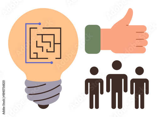 Light bulb with circuit board, thumb-up icon, and three individuals emphasizing teamwork, innovation, problem-solving, and positive feedback. Ideal for collaboration, approval, creativity