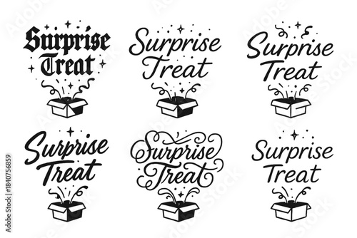 Calligraphy Styles Grid. Surprise Treat. Create a calligraphy lettering illustration of the phrase: Surprise