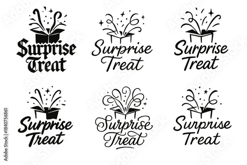 Calligraphy Styles Grid. Surprise Treat. Create a calligraphy lettering illustration of the phrase: Surprise