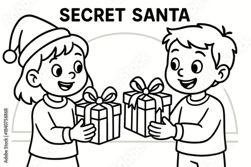 Kids Exchanging Secret Gifts. Festive gift exchange children?s coloring book illustration, outlined drawing,