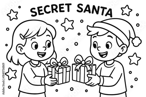 Kids Exchanging Secret Gifts. Festive gift exchange children?s coloring book illustration, outlined drawing,