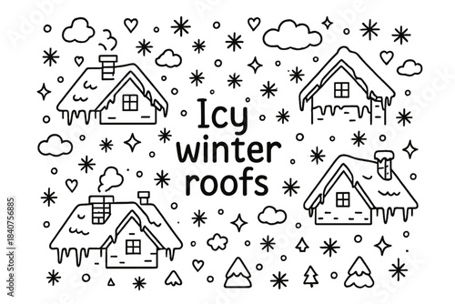 Icy Winter Roofs. Icy winter roofs. Hand-drawn doodle illustration of Icy winter roofs. rooftops, icicles,