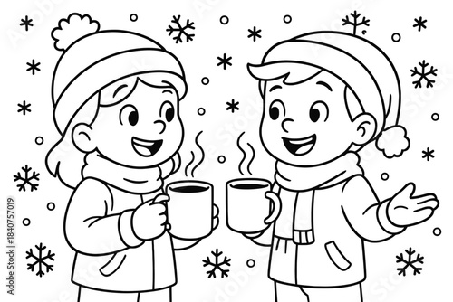 Winter Friends Coloring Page. Winter friendship moment children?s coloring book illustration, outlined drawing