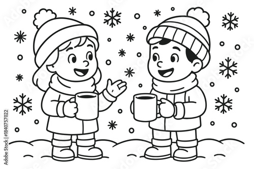 Winter Friends Coloring Page. Winter friendship moment children?s coloring book illustration, outlined drawing