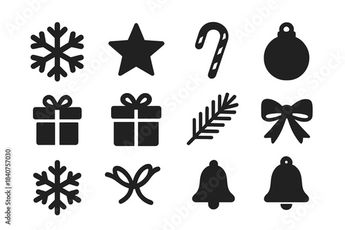 Winter Icons Collection. Winter design pack. Filled icon set of winter design pack: snowflakes, stars, candy