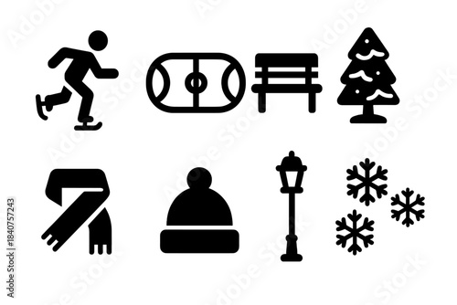 Winter Skating Icons. Winter skating. Filled icon set of winter skating: skater, ice rink, park bench,