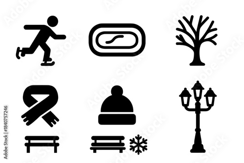 Evening Skating Icons. Evening ice skating. Filled icon set of evening ice skating: skater, ice rink, park
