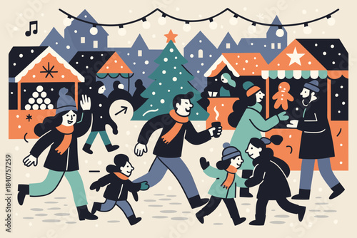 Winter Festival Celebration. Winter festival in the town square. Crowds of people enjoying festive stalls,