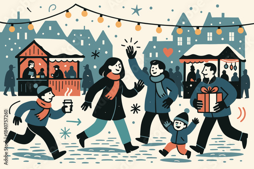 Winter Festival Celebration. Winter festival in the town square. Crowds of people enjoying festive stalls,
