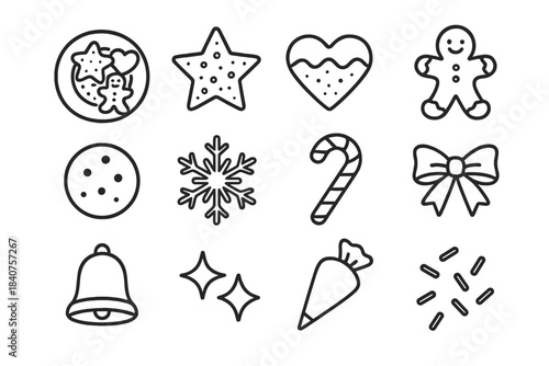 Christmas Cookie Icons. Christmas Cookies on a Plate. Line outline icon set of Christmas Cookies on a Plate:
