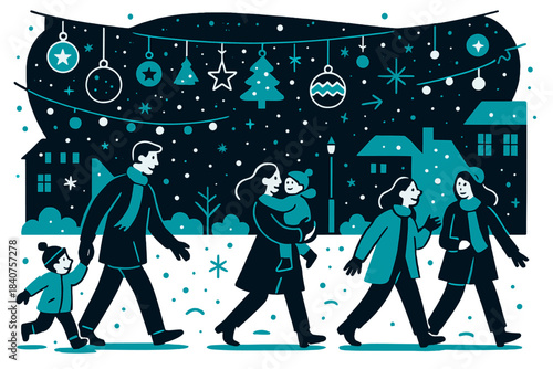 Festive Town Scene. Festive lights. Town square adorned with hanging lights and decorations, families walking