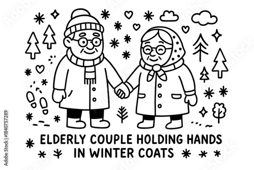 Elderly Winter Love. Elderly couple holding hands in winter coats. Hand-drawn doodle illustration of elderly