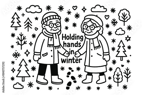Winter Hand Holding. Holding hands in winter. Hand-drawn doodle illustration of holding hands in winter.