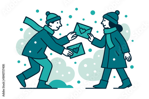 Winter Love Exchange. Sending Love Letters in Winter. Minimal figures handing over envelopes with hearts, snow