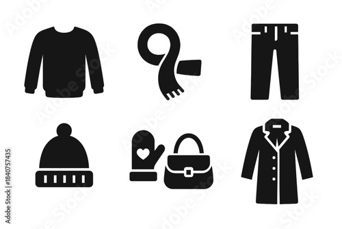 Autumn Outfit Icons. Autumn outfit. Filled icon set of autumn outfit: sweater, scarf, boots, jeans, beanie,