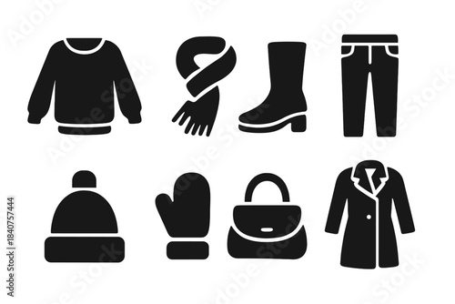 Fall Wardrobe Icons. Fall wardrobe essentials. Filled icon set of fall wardrobe essentials: cozy sweater,