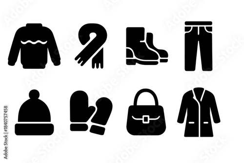 Seasonal Fashion Icons. Seasonal fashion. Filled icon set of seasonal fashion: sweater, scarf, boots, jeans,