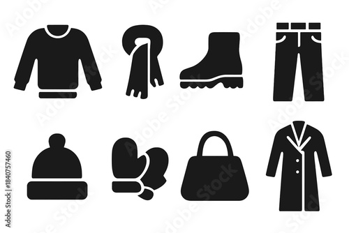 Seasonal Fashion Icons. Seasonal fashion. Filled icon set of seasonal fashion: sweater, scarf, boots, jeans,