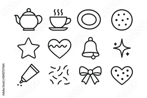 Winter Tea Icons. Winter Tea Time. Line outline icon set of Winter Tea Time: teapot, teacup, saucer, plate,