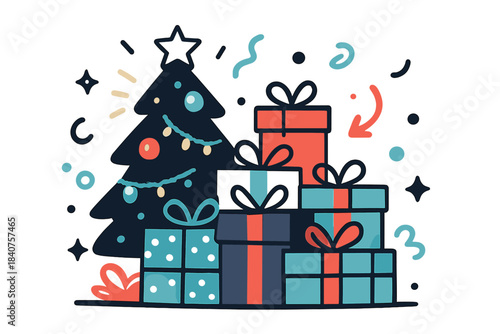 Festive Gift Gathering. Holiday pile. Colorful gifts with bows under a glowing Christmas tree, ornaments and