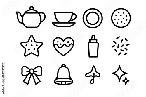 Holiday Tea Icons. Holiday Tea Time. Line outline icon set of Holiday Tea Time: teapot, teacup, saucer, plate,