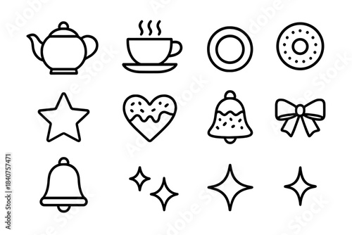 Holiday Tea Icons. Holiday Tea Time. Line outline icon set of Holiday Tea Time: teapot, teacup, saucer, plate,