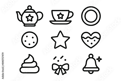 Christmas Tea Icons. Christmas Tea Collection. Line outline icon set of Christmas Tea Collection: teapot,