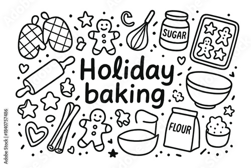 Holiday Baking Doodle. Holiday baking. Hand-drawn doodle illustration of holiday baking. Gingerbread cookies,