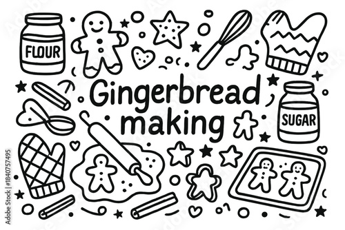 Gingerbread Creation Doodles. Gingerbread making. Hand-drawn doodle illustration of gingerbread making.