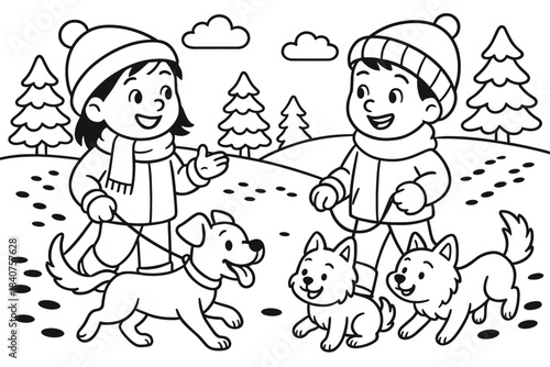 Snowy Dog Walk. Cheerful dog walk children?s coloring book illustration, outlined drawing, friends chatting