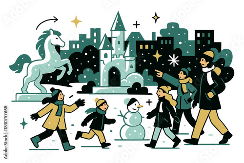 Winter Ice Festival. Frozen art festival. City center adorned with ice sculptures, snow falling, people