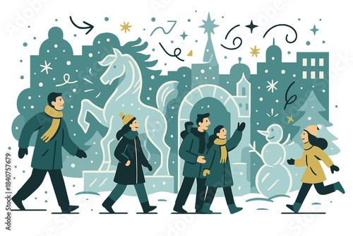 Winter Ice Festival. Frozen art festival. City center adorned with ice sculptures, snow falling, people