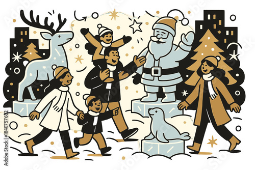 Winter Festival Joy. City winter festival. Ice sculptures of animals and holiday figures in the central square