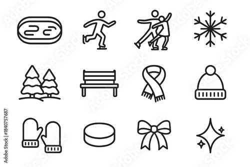 Christmas Skating Icons. Christmas Ice Skating. Line outline icon set of Christmas Ice Skating: ice rink, ice
