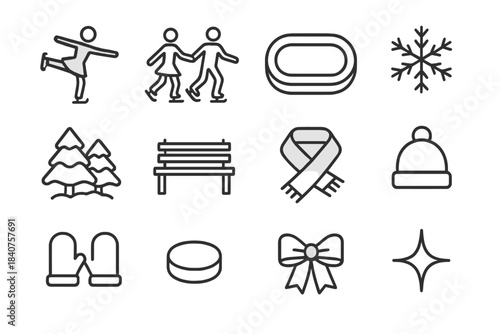Holiday Skating Icons. Holiday Ice Skating. Line outline icon set of Holiday Ice Skating: ice skater, pair