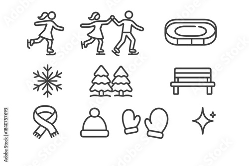 Holiday Skating Icons. Holiday Ice Skating. Line outline icon set of Holiday Ice Skating: ice skater, pair