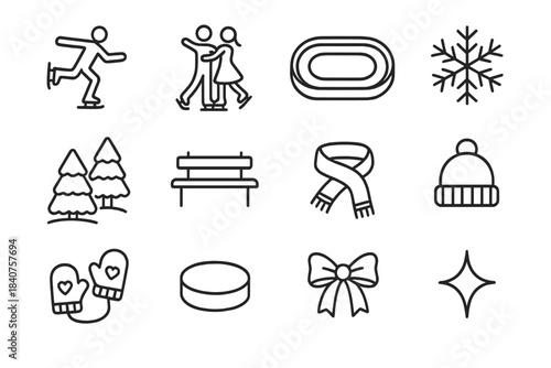Christmas Skating Icons. Christmas Skating Park. Line outline icon set of Christmas Skating Park: ice skater,