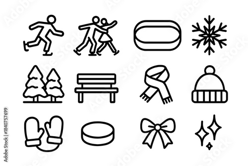 Festive Ice Rink Icons. Festive Ice Rink. Line outline icon set of Festive Ice Rink: ice skater, pair skating,
