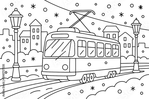 Winter Tram Coloring Page. Winter city tram scene children?s coloring book illustration, outlined drawing,